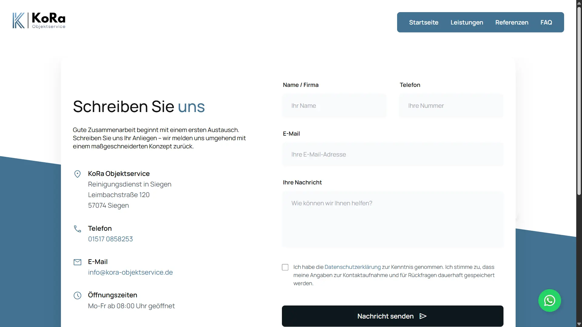 KoRa Objektservice Website – Kontakt
